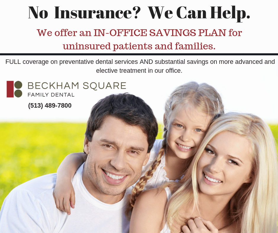 Family photo - Father, Mother, Girl with pigtails. Caption - "No Insurance? We Can Help."